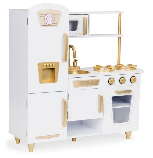 Cuisinette en bois blanc et doré, jouet pour enfants