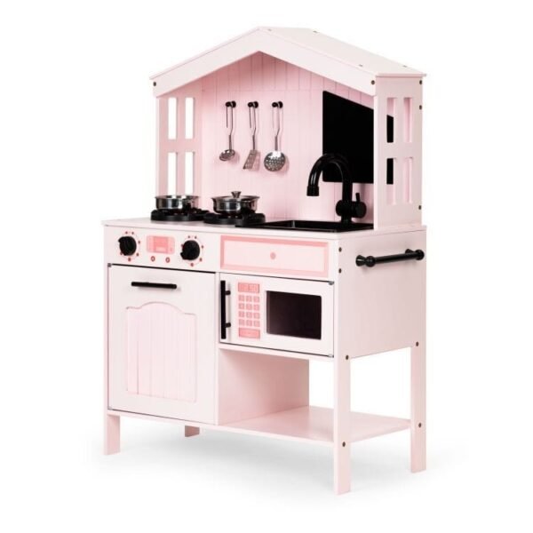 Dînette cuisine en bois de couleur rose, avec accessoires